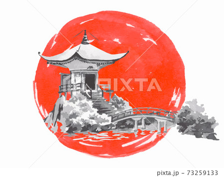 Japan traditional sumi-e painting. Temple. Fuji mountain, sakura, sunset. Japan sun. Indian ink illustration. Japanese picture. 73259133
