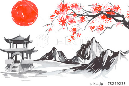 Japan traditional sumi-e painting. Fuji mountain, sakura, sunset. Japan sun. Indian ink vector illustration. Japanese picture. 73259233