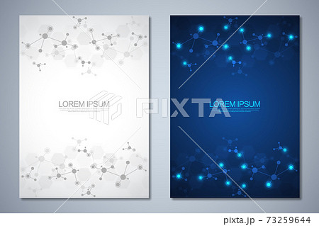 Templates brochure or cover book, page layout, flyer design with abstract background of molecular structures and DNA strand. Concept and idea for innovation technology, medical research, science. Templates brochure or cover book, page layout, flyer design with abstract background of molecular structures and DNA strand. Concept and idea for innovation technology, medical research, science. 73259644