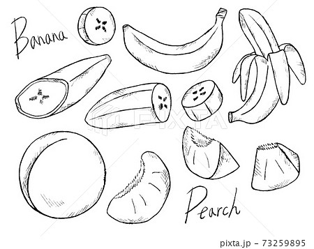 バナナや桃の白黒手書きイラストイメージのイラスト素材
