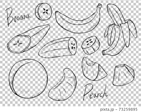 バナナや桃の白黒手書きイラストイメージのイラスト素材