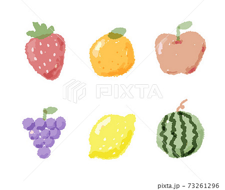 水彩風のフルーツのイラストのセット 果物 手描き アイコン かわいい イチゴ オレンジ リンゴのイラスト素材
