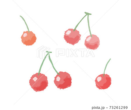 さくらんぼの水彩風イラスト 手描き チェリー 果物 フルーツ かわいい 果実のイラスト素材