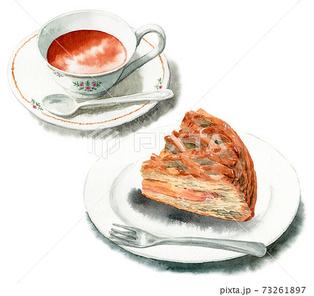 アナログ水彩ケーキセット紅茶とアップルパイのイラスト素材