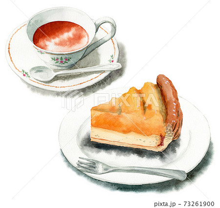 水彩画手描きイラスト　チーズケーキとアップルパイ 水彩画手描きイラスト チーズケーキとアップルパイ 水彩画手描き