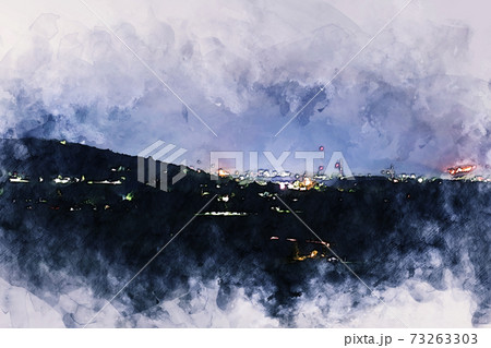 Abstract colorful shape on mountain peak and tree landscape on watercolor illustration painting background. 73263303