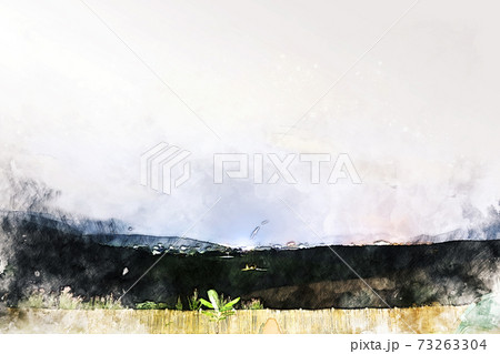 Abstract colorful shape on mountain peak and tree landscape on watercolor illustration painting background. 73263304