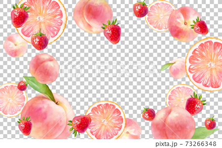 ピンク色のジューシーなフルーツで囲んだフレームデザイン 水彩イラスト ピーチ イチゴ ピンクグレープのイラスト素材