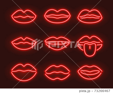 Neon lips kiss sign outline. Purple red sex day vector neon beauty background glow mouth 73266467
