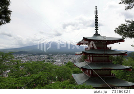 Mount Fuji and Chureito Pagoda in summer. Chureito pagoda is located in Fujiyoshida Japan. Mount Fuji and Chureito Pagoda in summer. Chureito pagoda is located in Fujiyoshida Japan. 73266822
