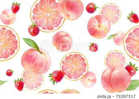 ピンク色のジューシーなフルーツのシームレスパターン 水彩イラスト モモ イチゴ グレープフルーツ のイラスト素材