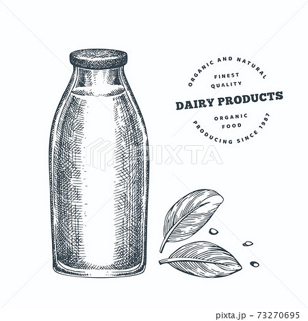 Hand drawn sketch style milk glass bottle. Organic fresh food vector illustration isolated on white background. Retro dairy product illustration. Engraved style rustic picture. Hand drawn sketch style milk glass bottle. Organic fresh food vector illustration isolated on white background. Retro dairy product illustration. Engraved style rustic picture. 73270695