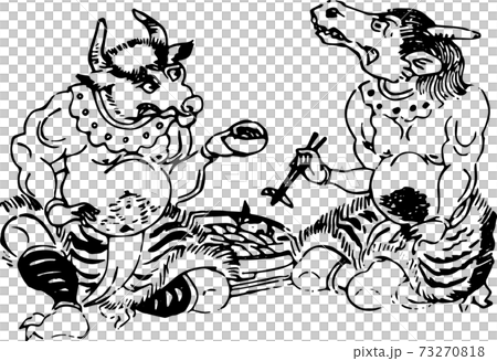 進餐時牛頭和馬頭 插圖素材 圖庫