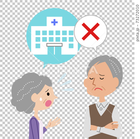 病院に行くことを勧める高齢の妻と拒否する高齢の夫 73272010