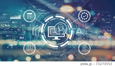 Document management system concept with blurred city lights 73273552