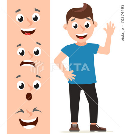 Boy stands and waves his hand, set of emotions Boy stands and waves his hand, set of emotions 73274495