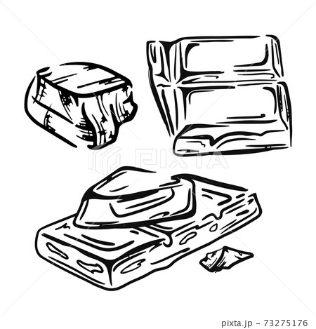 Pieces of chocolate bar with chocolate chips on a white background. Vector illustration. Sketch dessert vector set 73275176