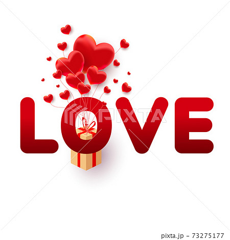 Happy valentines day background, poster, card, invitation with 3d hearts shape fly in the air and love text on white background. 73275177