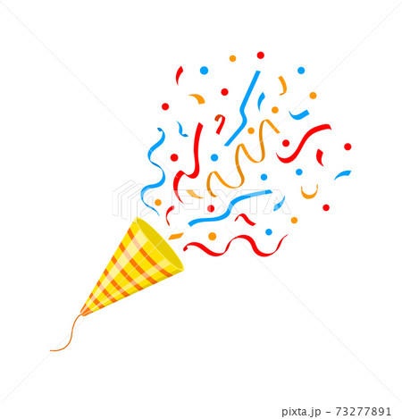 Exploding party popper cone with confetti isolated on white background. Festive concept. Celebration, holiday, birthday, Christmas, New Year symbol. Vector cartoon illustration Exploding party popper cone with confetti isolated on white background. Festive concept. Celebration, holiday, birthday, Christmas, New Year symbol. Vector cartoon illustration 73277891