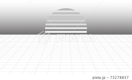 Setting sun retro futuristic surface monochrome synthwave background. Geometric white mesh with gray striped luminary. Setting sun retro futuristic surface monochrome synthwave background. Geometric white mesh with gray striped luminary. 73278837