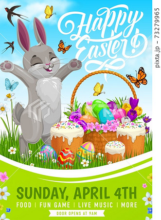 Easter egg hunt party flyer with bunny and basket Easter egg hunt party flyer with bunny and basket 73279965