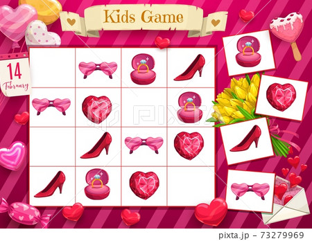Saint Valentine day child rebus, logical game 73279969