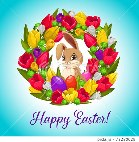 Happy Easter card with bunny inside flower wreath 73280029