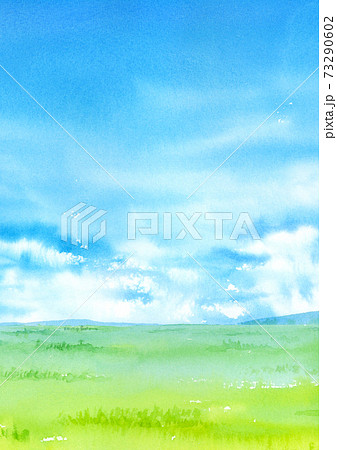 青空と野原の風景 水彩イラスト 縦のイラスト素材
