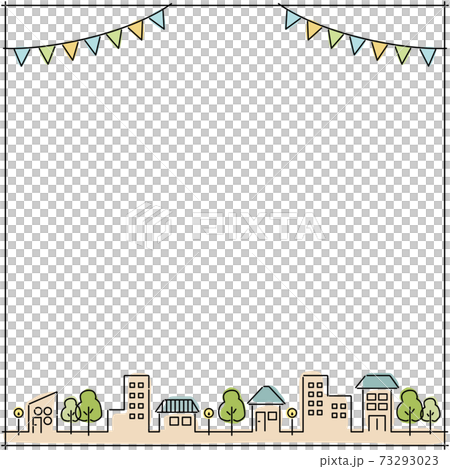 おしゃれな町並みとガーランドのフレーム背景 正方形のイラスト素材