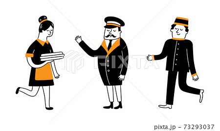 Hotel staff. Maid, bellboy and porter. Hand drawn vector illustration 73293037
