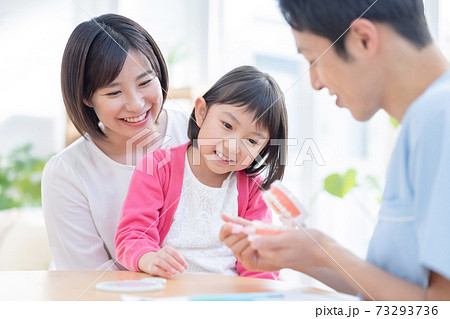 歯医者 ママと診察を受ける女の子 歯医者 ママと診察を受ける女の子 73293736
