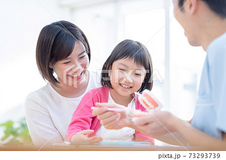 歯医者 ママと診察を受ける女の子 歯医者 ママと診察を受ける女の子 73293739