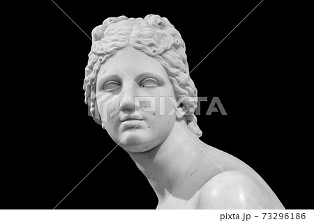 Ancient white marble sculpture head of young woman. Statue of sensual renaissance art era naked woman antique style 73296186