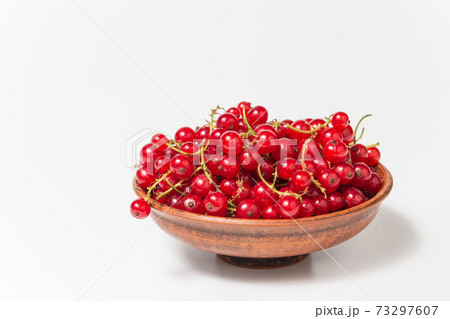 Red currant in clay bowl on white background. Fruit bowl. Delicious food. Copy space. High quality close up photo 73297607