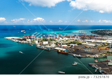 Aerial view of the port on the waterfront of PORT LOUIS, Mauritius, Africa 73297870