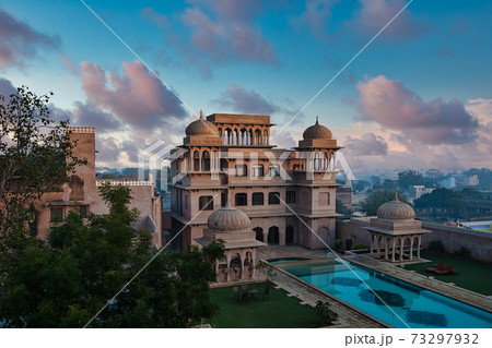 The Hindu style towers on the roof of Castle Mandawa, Rajasthan, India 73297932