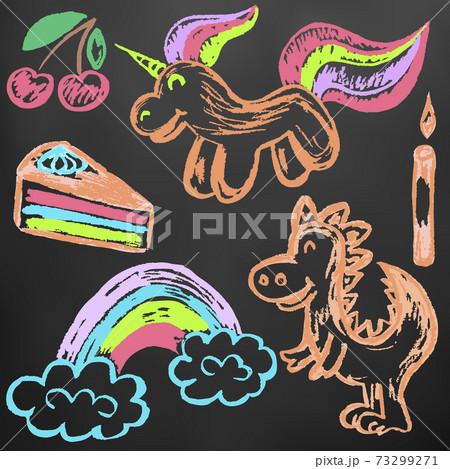 Cute children's drawing. Colored wax crayons. Icons, signs, symbols, pins 73299271