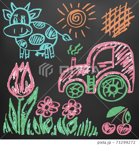 Cute children's drawing. Colored wax crayons. Icons, signs, symbols, pins 73299272