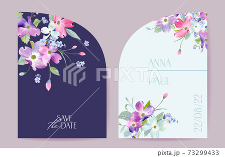 Wedding spring blooming floral vector card. Dogwood blossom flowers invitation. Watercolor template frame Wedding spring blooming floral vector card. Dogwood blossom flowers invitation. Watercolor template frame 73299433