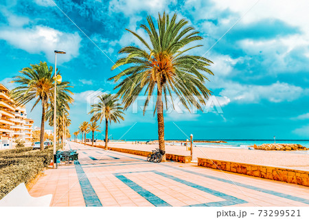 Seafront, beach,coast in Spain. Suburb of Barcelona, Catalonia 73299521