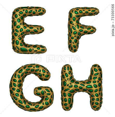 Letter set E, F, G, H made of realistic 3d render golden shining metallic. 73300566