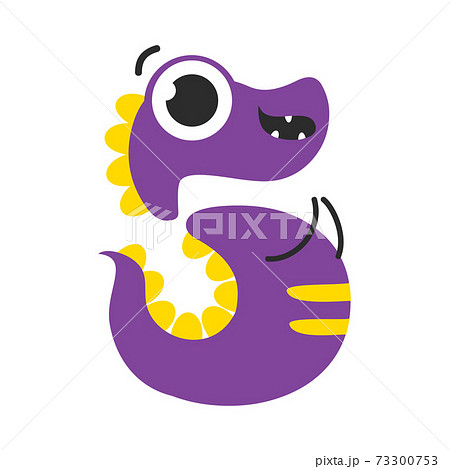 Number Five Cute Purple Monster, Funny Fantasy Creature Character, 5 Numeral, Mathematics, Learning Material for Kids Cartoon Style Vector Illustration 73300753