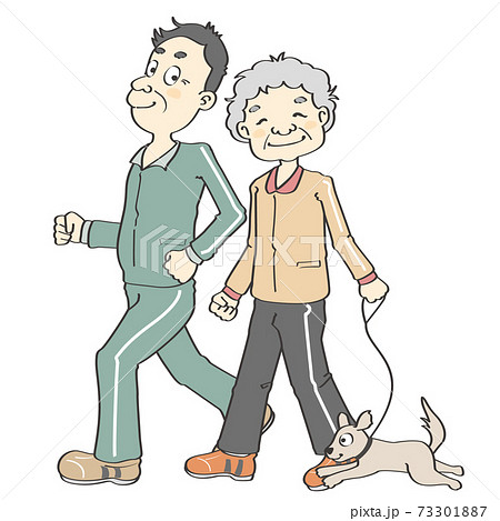 犬を散歩させる定年後の老夫婦 おじいさんとおばあさん のイラスト素材