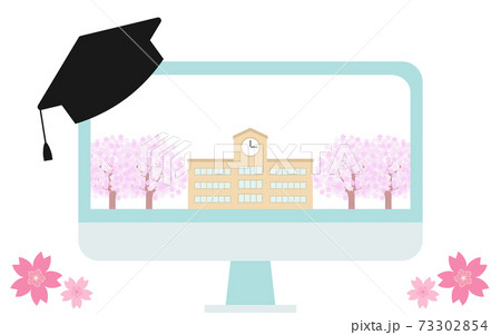 オンライン卒業式のイメージ、モニターに映る学校の風景 オンライン卒業式のイメージ、モニターに映る学校の風景 73302854