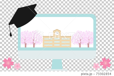 オンライン卒業式のイメージ、モニターに映る学校の風景 オンライン卒業式のイメージ、モニターに映る学校の風景 73302854