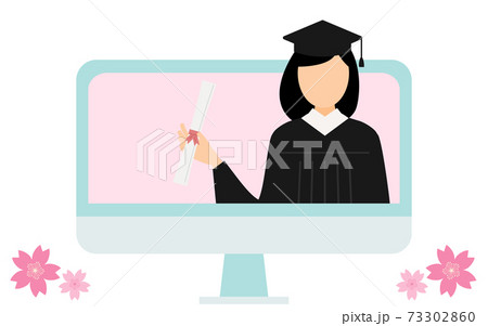 オンライン卒業式のイメージ、卒業証書を持つガウン姿の学生 オンライン卒業式のイメージ、卒業証書を持つガウン姿の学生 73302860