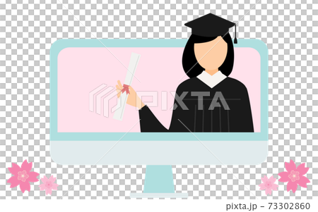 オンライン卒業式のイメージ、卒業証書を持つガウン姿の学生 オンライン卒業式のイメージ、卒業証書を持つガウン姿の学生 73302860