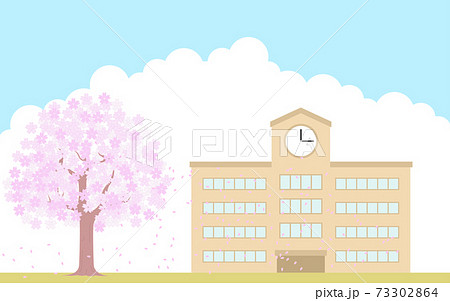 満開の桜と校舎の背景イラストのイラスト素材