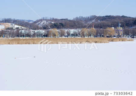 冬 雪景色 湖 73303642