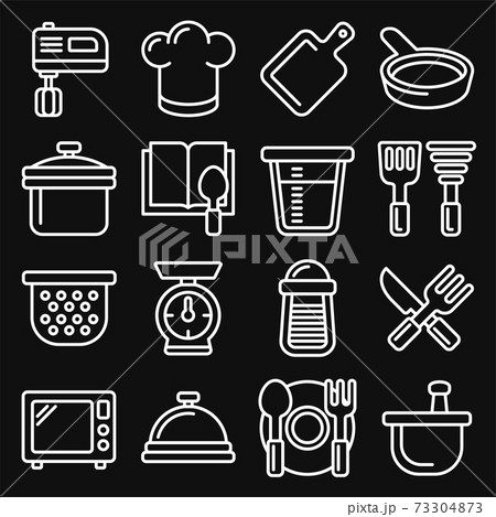 Kitchen and Cooking Icons Set on Black Background. Line Style Vector Kitchen and Cooking Icons Set on Black Background. Line Style Vector 73304873